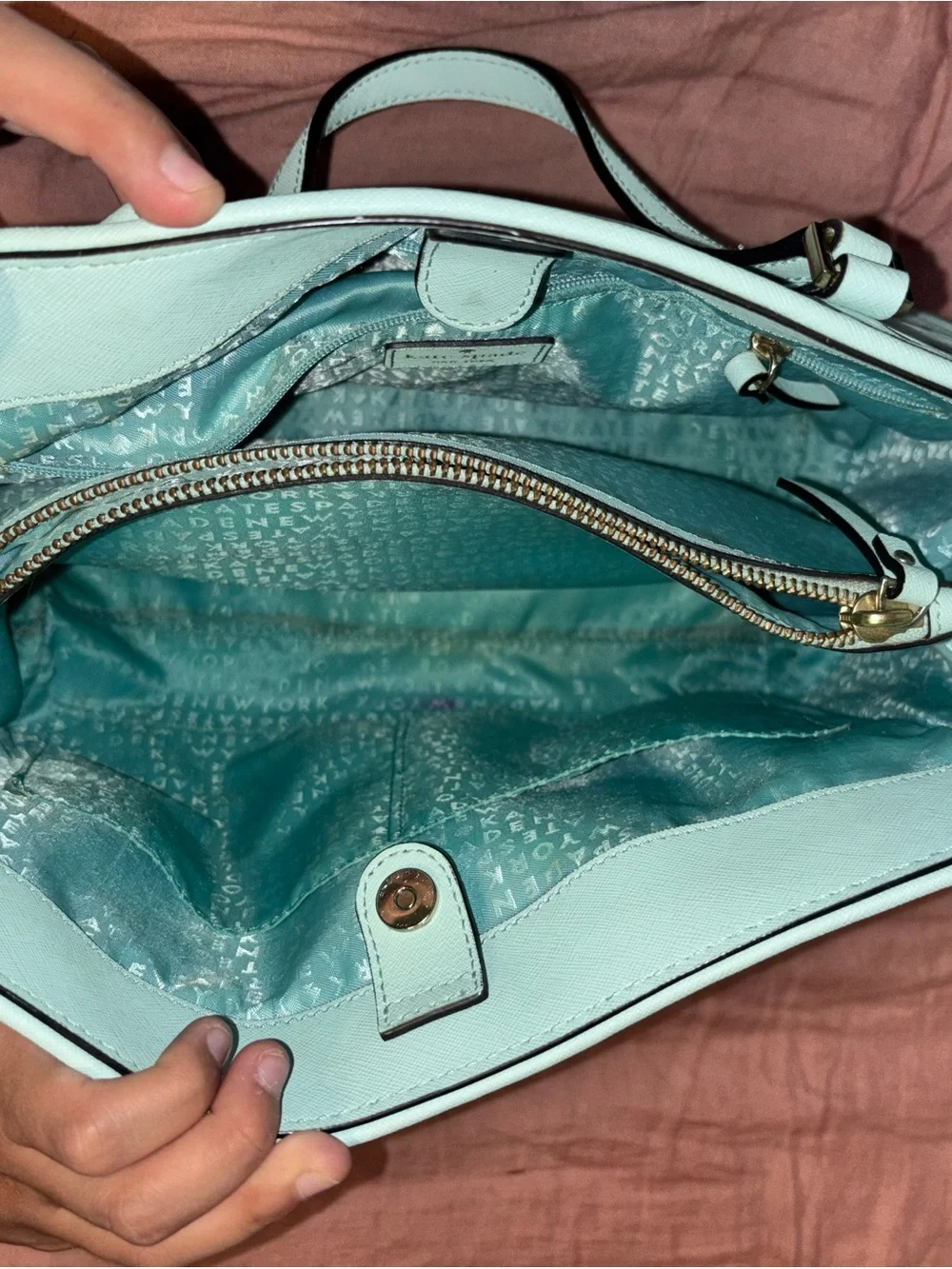 kate spade mint perforated tote with matching zip wallet